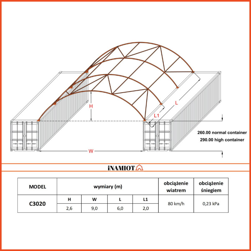 Cubiertas entre contenedores C3020QH 9×6 m