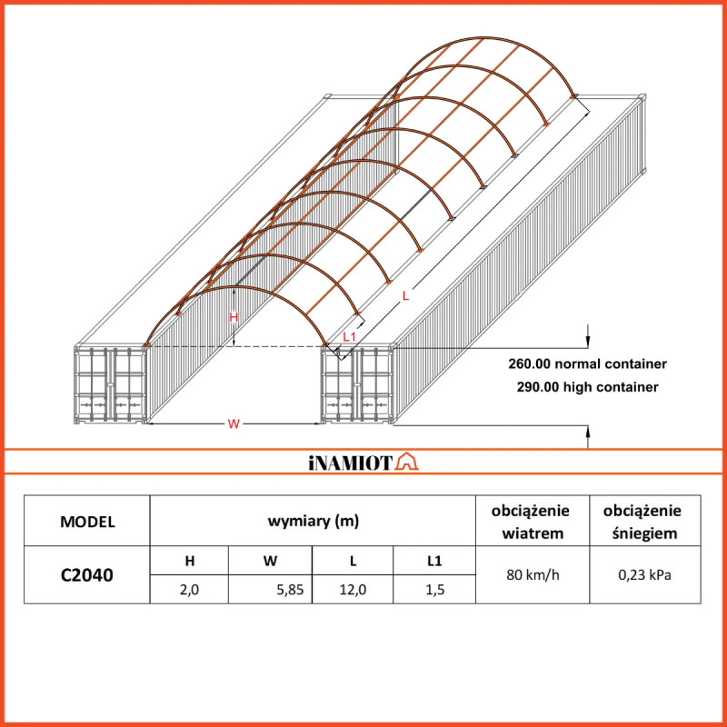 Corturi containere 6x12 m C2040H cu perete spate