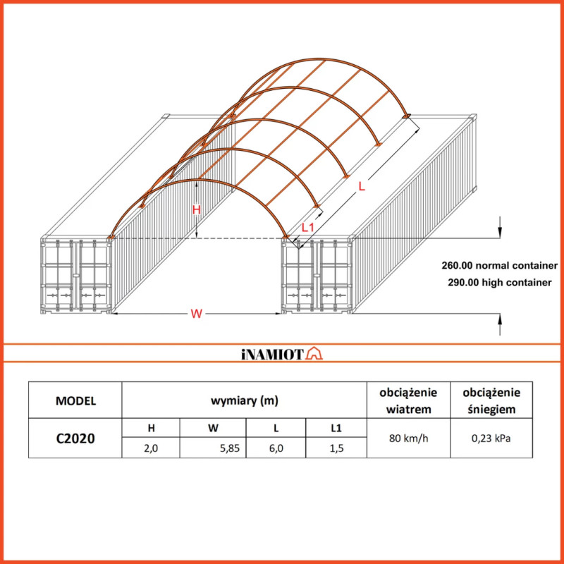 Corturi containere 6x6 m C2020H cu perete spate