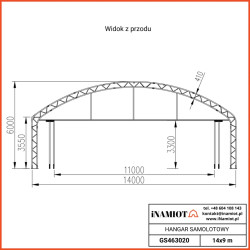 Letalski hangarji GS463020 14×9,15×6,00 mHangarji za zrakoplove.
Šotorski hangarji za letala iz podjetja inamiot so cenovno ugodna rešitev za shranjevanje majhnih letal. Šotorski hangar za letala je trdna naprava, ki bo vašemu letalu zagotovila zavetje pred vetrom, dežjem in snegom. Šotorski hangarji za letala inamiot z dvojnimi tramovi so izredno močni, robustni in zanesljivi. Jekleno ogrodje z dvojnimi prečkami, ki je izdelano iz jeklenih cevi Q215, in obojestranska poliestrska tkanina, prevlečena s PVC, sta posebej zasnovana za uporabo v ekstremnih vremenskih razmerah.  Debelina PVC je 750 g/m² pri osnovni različici in 900 g/m² pri ojačani različici.
Vse naše izdelke lahko prilagodimo individualnim potrebam strank.
Dimenzije vrat so 11,0 x 3,30 m! Na zadnji steni so vrata velika 2,5 × 2,5 m!
