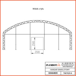 Hangarji za letala GS464820 14×14,64×6,00 mHangarji za zrakoplove.
Šotorski hangarji za letala iz podjetja inamiot so cenovno ugodna rešitev za shranjevanje majhnih letal. Šotorski hangar za letala je trdna naprava, ki bo vašemu letalu zagotovila zavetje pred vetrom, dežjem in snegom. Šotorski hangarji za letala inamiot z dvojnimi tramovi so izredno močni, robustni in zanesljivi. Jekleno ogrodje z dvojnimi prečkami, ki je izdelano iz jeklenih cevi Q215, in obojestranska poliestrska tkanina, prevlečena s PVC, sta posebej zasnovana za uporabo v ekstremnih vremenskih razmerah.  Debelina PVC je 750 g/m² pri osnovni različici in 900 g/m² pri ojačani različici.
Vse naše izdelke lahko prilagodimo individualnim potrebam strank.
Dimenzije vrat so 11,0 x 3,30 m! Na zadnji steni so vrata velika 2,5 × 2,5 m!